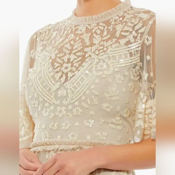 $698 NEW MAC DUGGAL CREAM NUDE LACE ILLUSION HIGH NECK MINI DRESS 8 NWT - Picture 5 of 6